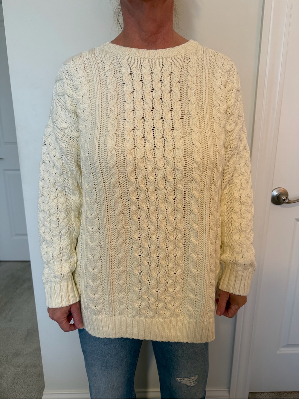 Lands' End Cream Cable Knit Crewneck Sweater